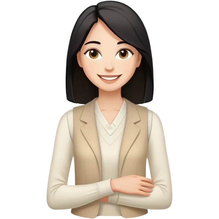 A woman with light to medium-toned skin, black shoulder-length straight hair, almond-shaped eyes, joyful smile, wearing a white long-sleeve top and a light beige sleeveless open-front vest, exuding warmth and elegance. emoji