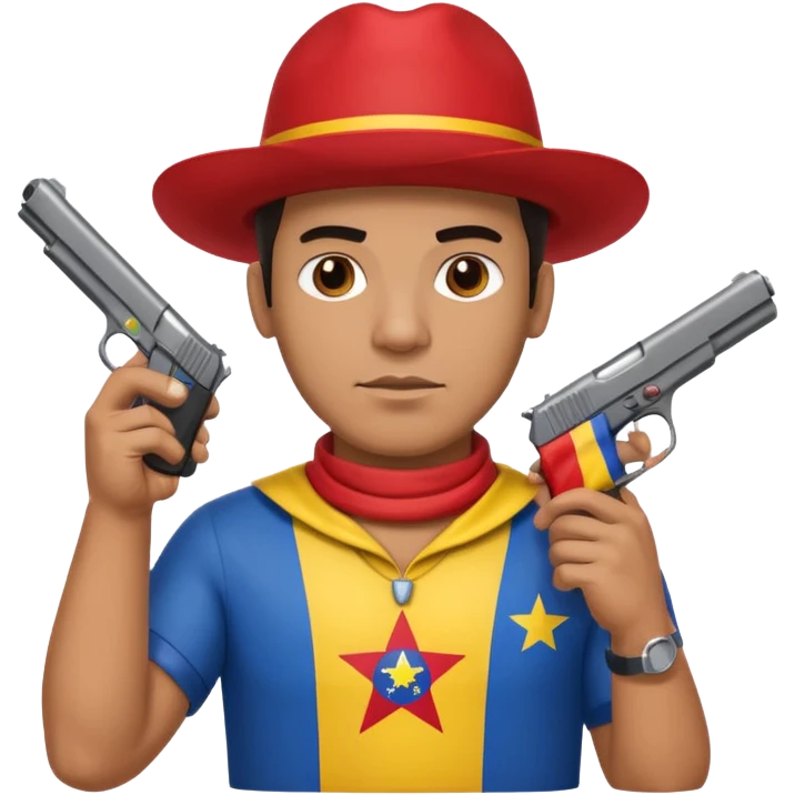 A Venezuelan with the Venezuela flag around his neck holding a gun tap emoji