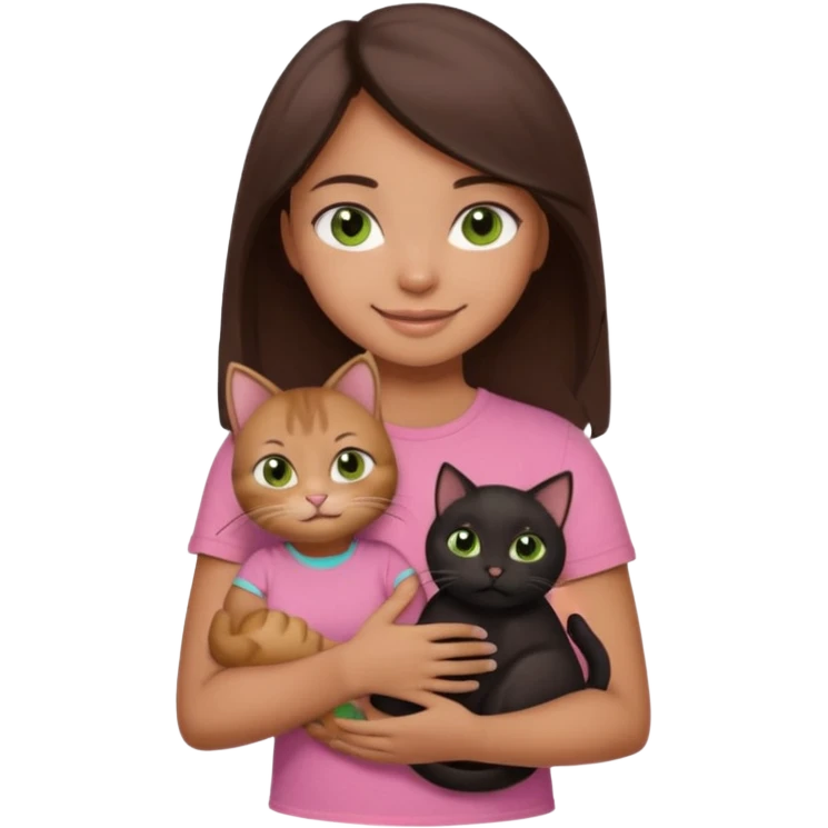As una chica con piel marron claro con el pelo  medio largo color marron oscuro que tenga la chica una camiseta rosada mangas cortas con un jean claro que tenga ojos marrones la chica que la chica este sonriendo mientras sostiene entre sus brazos un gato negro gordito. emoji