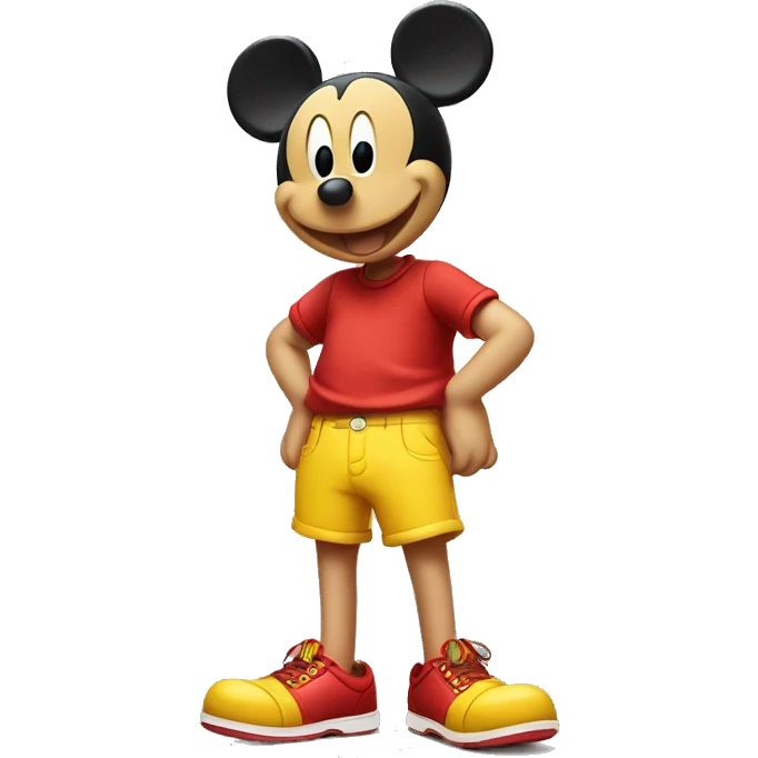 Mickey Mouse wearing red shorts and big yellow shoes, smiling happily. emoji