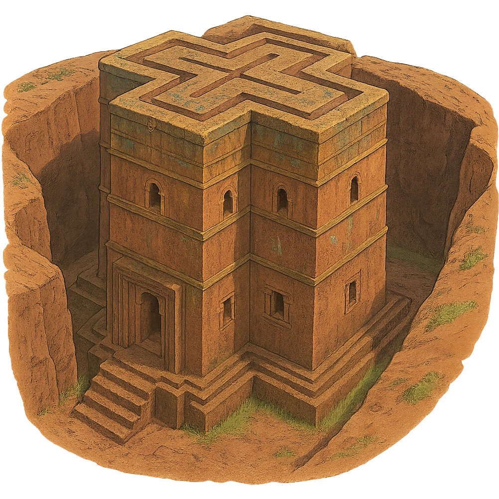 Create the rock hewn Church of Saint George in Lalibela, Ethiopia into a Ghibli style. Make it HD and precise. emoji