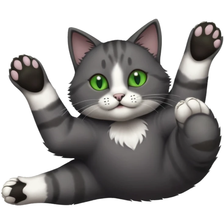 solid dark grey cat with green eyes, completely solid grey face, white toes/paws playing rolling upside down emoji