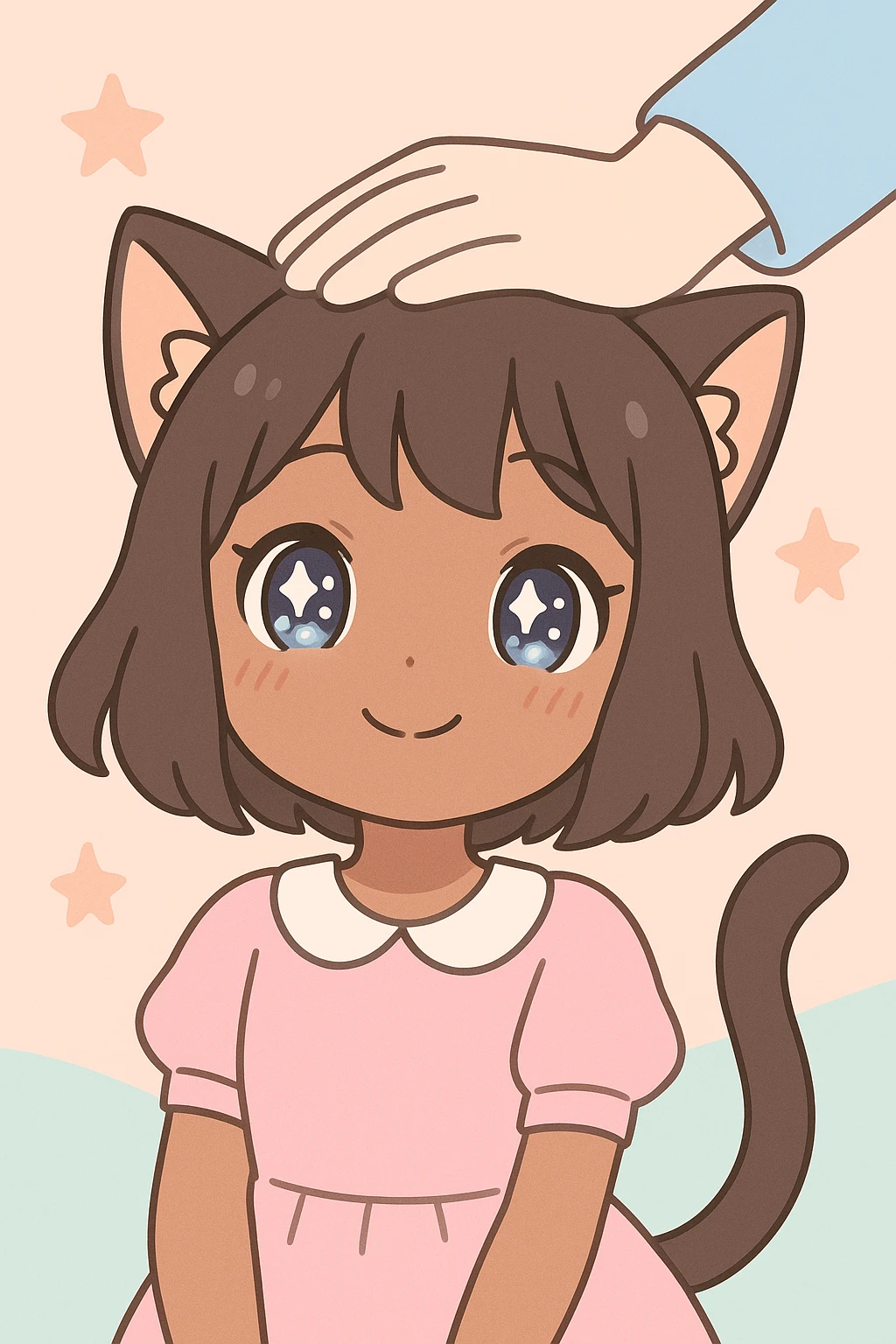 anime style cat girl, brown skin, happy and relaxed while being patted on the head, cute and gentle atmosphere emoji