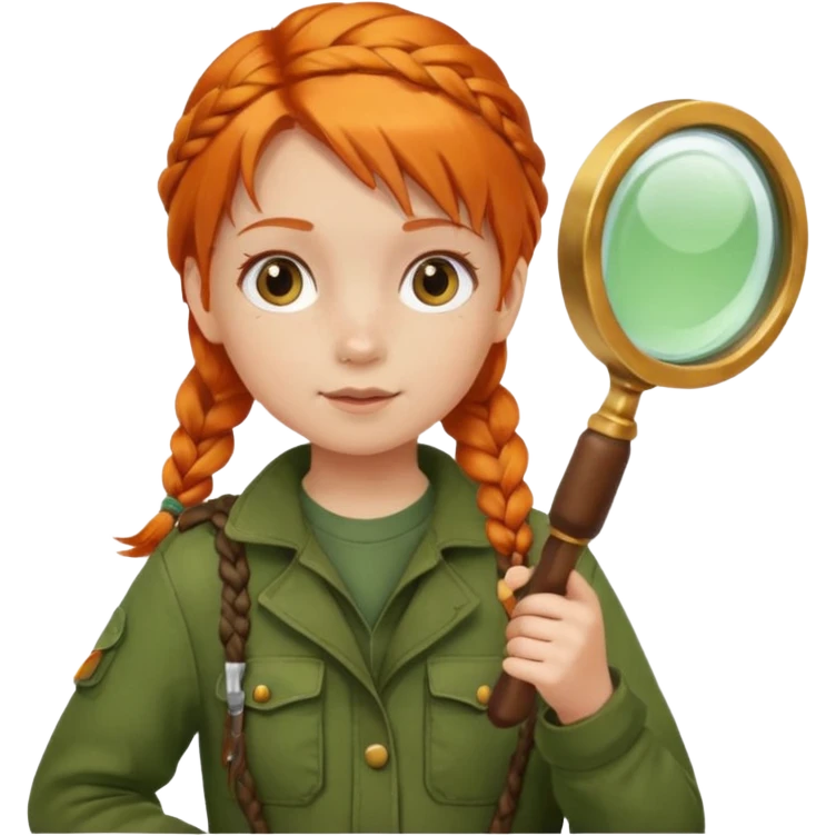 braid orange haired girl kid in moss green explorer outfit, holding magnifying glass emoji