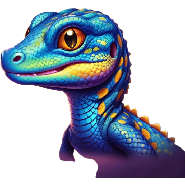 Cinematic Cute Monitor Lizard Portrait Emoji, Head tilted playfully and inquisitively, with a sleek, patterned body accented by vibrant hues and round, sparkling eyes full of wonder, Simplified yet irresistibly adorable features, highly detailed, glowing with a warm, friendly glow, high shine, affectionate and lively, stylized with a touch of exotic charm, bright and endearing, soft glowing outline, capturing the essence of a mischievous yet captivating lizard that seems as if it could scuttle out of the screen into your arms! emoji