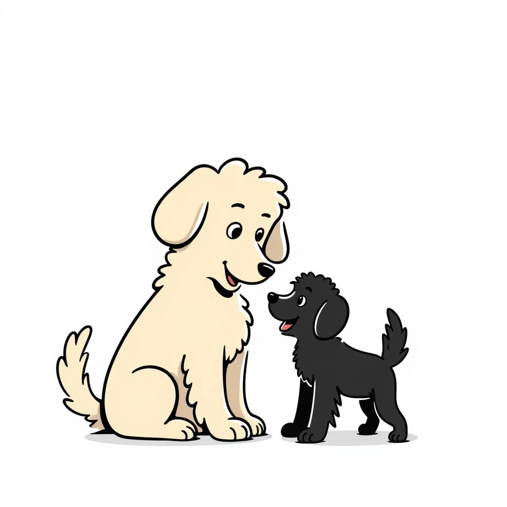 large light cream colored goldendoodle and a small black golden retriever, hand-drawn doodle style, sketchy, charming emoji