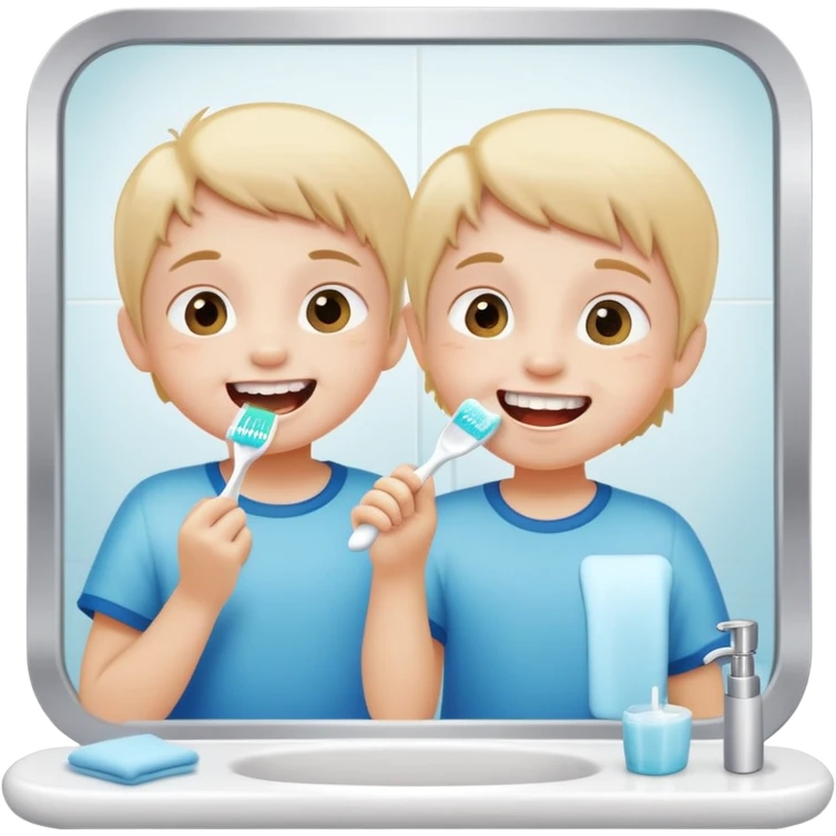 child brushing teeth in front of a bathroom mirror, cheerful expression emoji