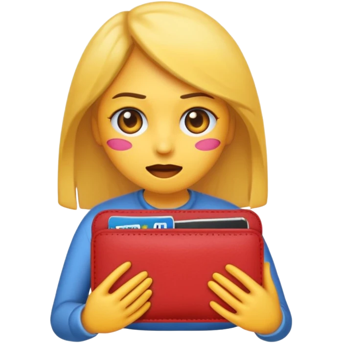 Emoji de chica muy desesperada, llorando, con ojos grandes y lágrimas, sosteniendo una billetera vacía al revés, estilo emoji minimalista, dramatismo exagerado, fondo transparente. emoji
