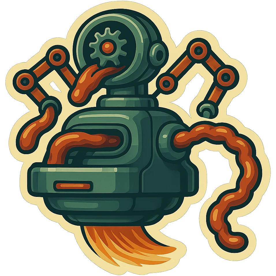sausage-processing droid. retro-futuristic style. in front is a large industrial grinder rotating gears and blades. Two robotic arms feed material into grinder. Sausage links extrude from the rear like  factory. The body is metallic, compact, and floats above the ground.no legs. Dark humor emoji