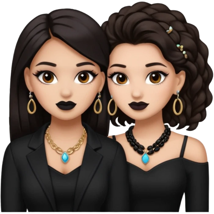 Boujy baddie best friends, trendy heavy makeup both dark hair one light skinned and one mocha brown pretty hair style both wearing black and earrings and necklace  emoji