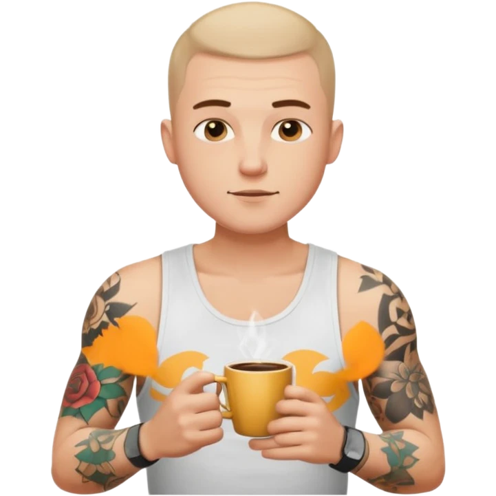 a white short guy wearing a white tank top with a buzz cut drinking a cup of coffee, hes got tattoos on his arms emoji