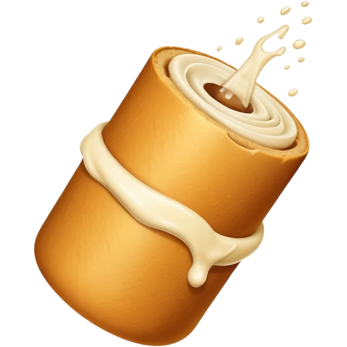 A roll with a hole in it getting cream squirted inside the hole from a big tube. emoji