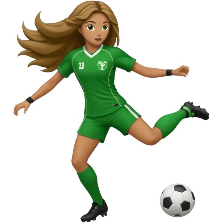 Long Haired Football Players, Female player, green cloth, full body kick ball emoji