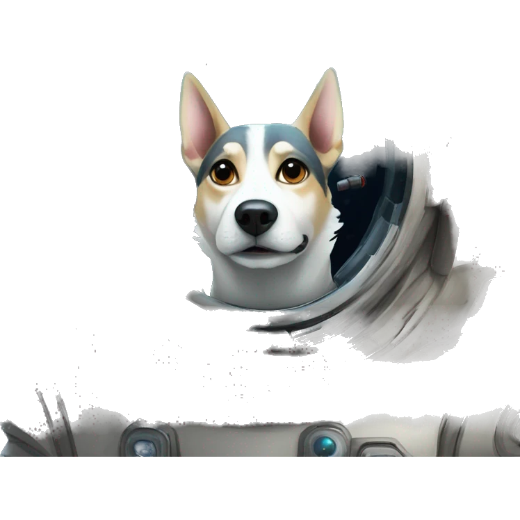 Laika space dog in sci-fi style on the background of a spaceship emoji