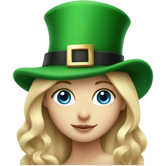 Girl with long blonde hair and blue eyes wearing a st Patrick’s day hat emoji