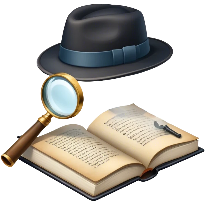 Icon for Detective Reading: an open book with text and a magnifying glass, a detective’s hat and a notebook with clues, surrounded by dark shadows and mysterious elements like footprints and a smoking pipe. Transparent background. emoji