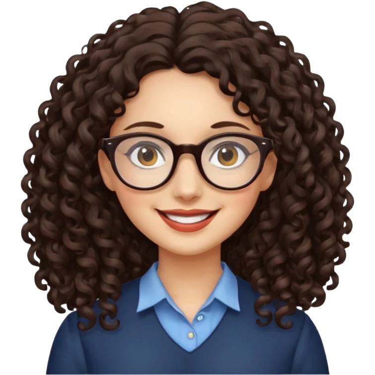 lady with glasses, long dark brown curly hair, smiling emoji