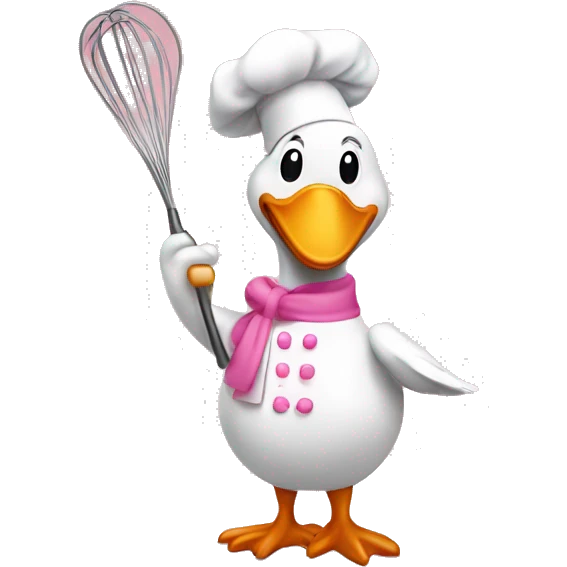 A happy goose dressed like a pink chef with one whisk in his hand emoji
