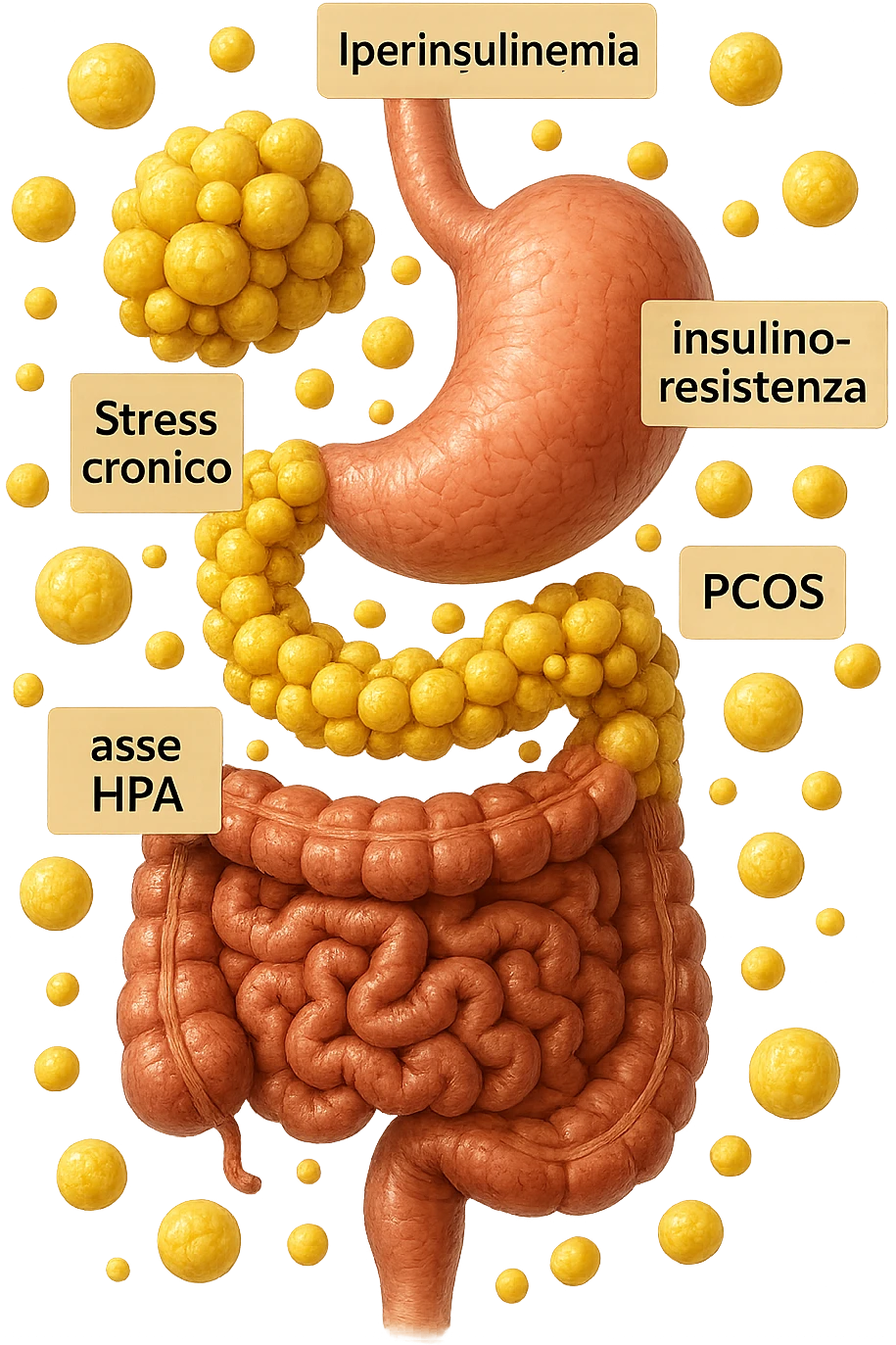 STOMACO E INTESTINO SONO VERTICALMENTE COLLEGATI E INTORNO A QUESTI ORGANI CI SONO CELLULE DI GRASSO GIALLE ATTACCATE SOPRA A GRAPPOLI, intorno fluttuano cellule di grasso giallo e alcune targhette con queste parole "Iperinsulinemia", "insulino-resistenza", "PCOS", "Stress cronico", "asse HPA", IPERREALISTICO 4K emoji