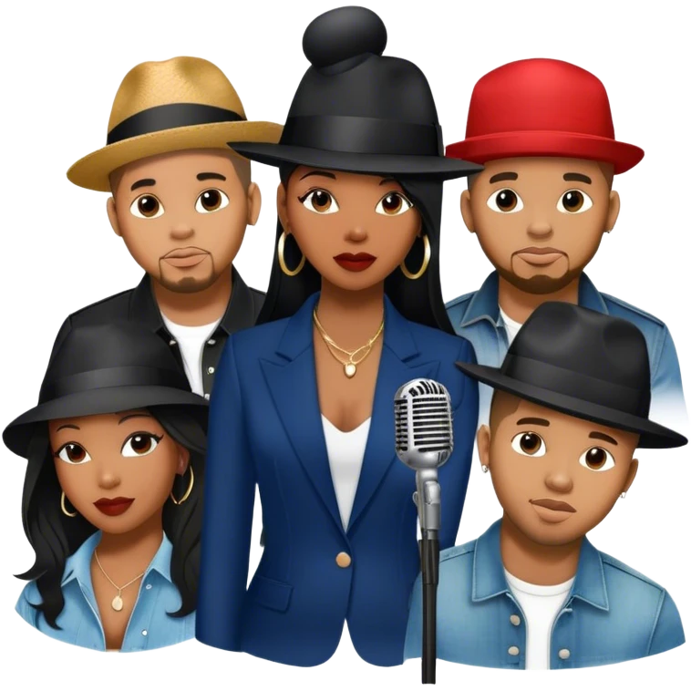 Icon for R&B Music: collage of R&B artists—Victoria Monét, Summer Walker, Usher, Chris Brown, and Muni Long. Each represented by a silhouette or symbolic item like a microphone, fedora, or music notes, reflecting the soul and energy of R&B. Transparent background. emoji