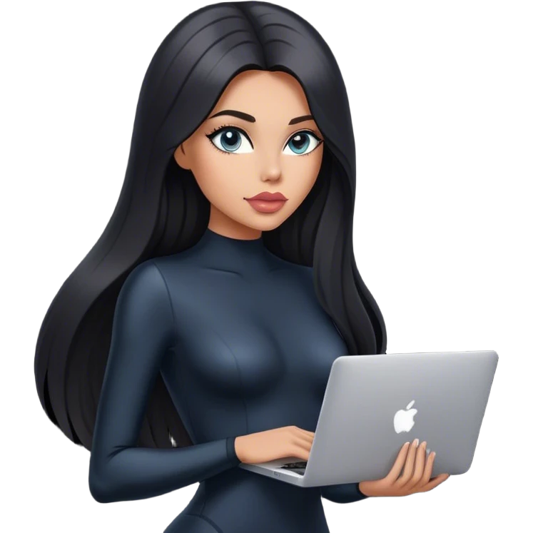 Glamours, tanned, very beautiful girl, with big pump peach-beige-rose lips, black straight smooth silky long hair, straight parting, blue-grey eyes, in black bodysuit holding MacBook emoji