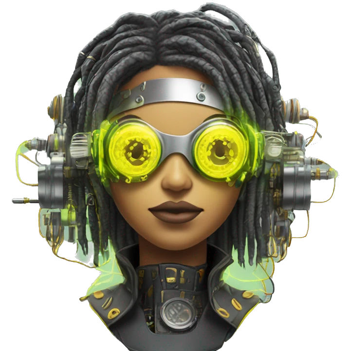 Neon yellow bobbed hair Latina female cyborg head with silver steampunk goggles and circuits emoji