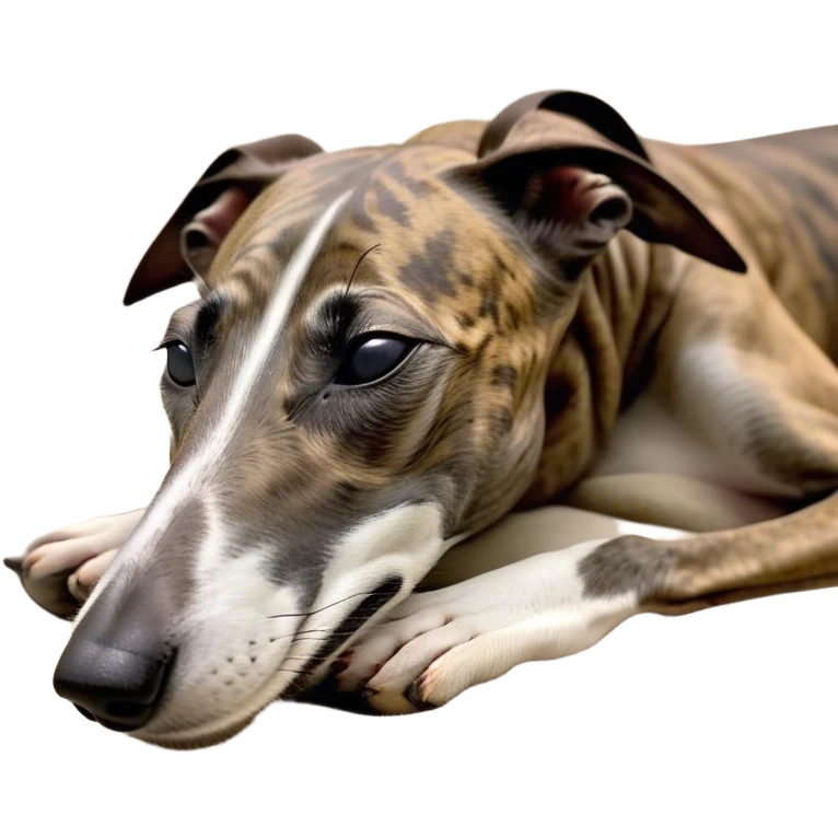 Meme-Worthy Cute Sleeping Brindle Greyhound Portrait Emoji, Head resting peacefully with a contented smile, showcasing a slender build and a luxuriously smooth brindle Fur, eyes shut in a serene nap, Simplified yet hilariously adorable features, highly detailed, glowing with a soft, drowsy light, high shine, relaxed and utterly lovable, stylized with an air of playful laziness, bright and heartwarming, soft glowing outline, capturing the essence of a comically sleepy racer, so meme-worthy it feels like it could instantly become the next viral sensation of adorable slumber! emoji