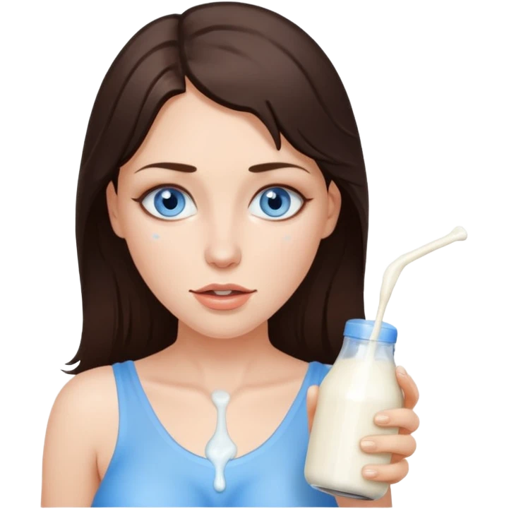 Brunette woman with blue eyes, with big naked tits with nipples, with dripping milk on her face emoji