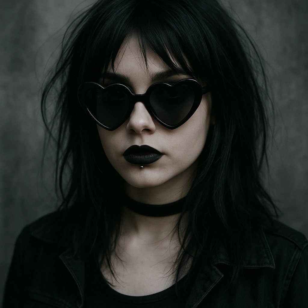 emo girl with heart-shaped sunglasses, dark hair, mysterious vibe emoji