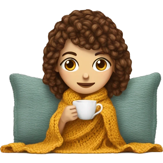 Young woman with brown way hair and bangs who crochets on the sofà with a blanket on herself. Near her there is a cup of tea  emoji
