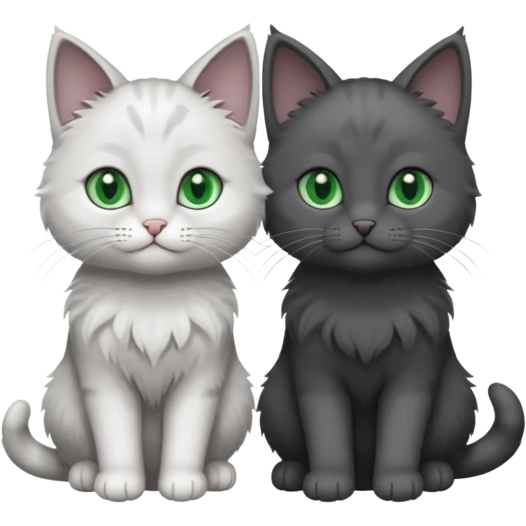 2 different coloured small cats including a dark grey and white and a completely solid dark grey with green eyes and only white paws emoji