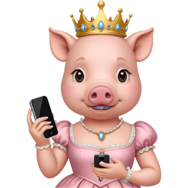 Pig princess in rococo finery holding a cell phone emoji