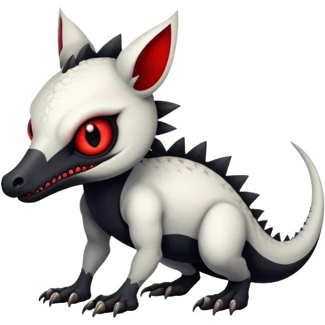 a white exotic edgy vernid-fionbri-creature, with black belly and red eyes, full body emoji