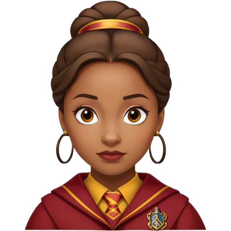 Angelina Johnson in harry potter, wear hogwarts gryfindor uniform,  thick, brown bun hair , reflecting her bold, stylish, and strong personality emoji