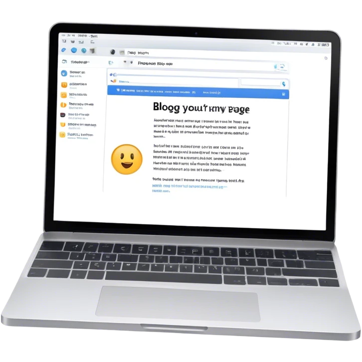 Create an emoji representing blogging as a form of content creation. The design should feature a laptop or desktop computer with an open blog page on the screen, showing visible text and perhaps a photo or graphic. Make the background transparent. emoji
