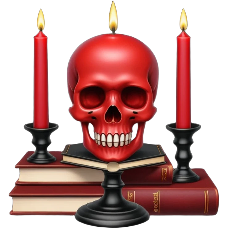 Dark Red candle on a black stand, books, skull, gothic style, beautiful aesthetic  emoji