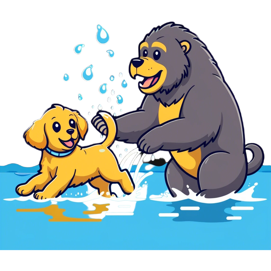 Golden retriever playing with a gorilla in water  emoji