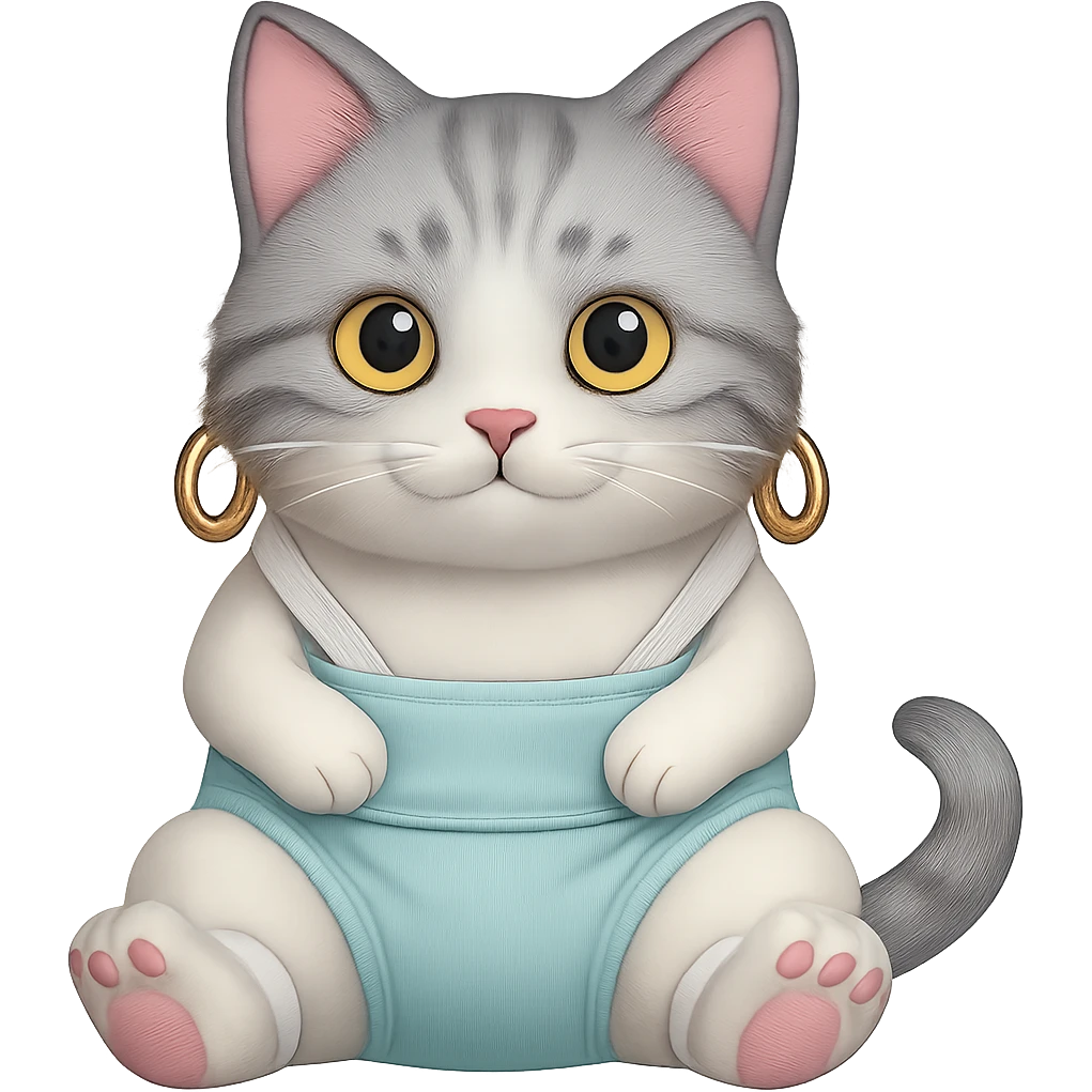 Add earrings to the cat sitting in a diaper. Keep no background. emoji