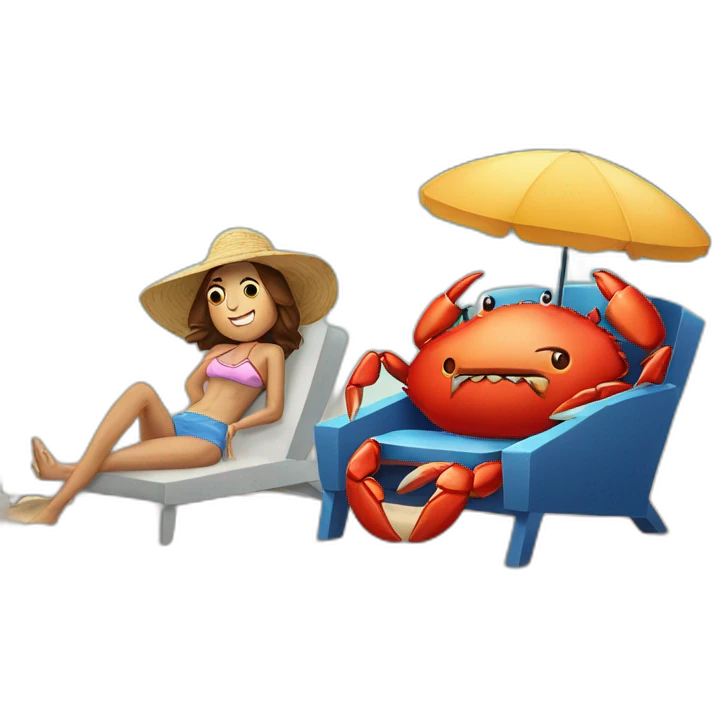 human-sized crab with human-sized taco girlfriend, lying in a chair at the beach emoji