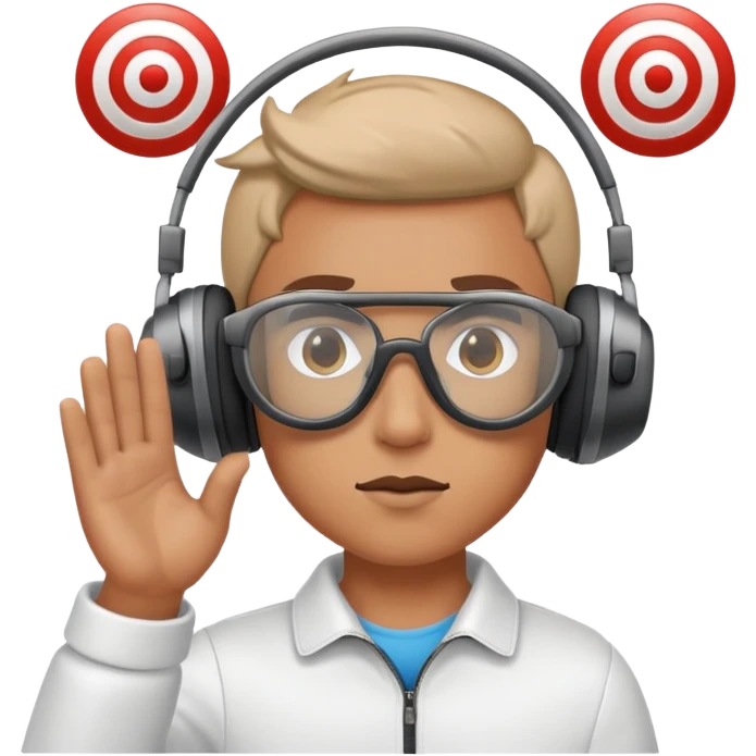 A focused shooter in protective headphones and special glasses, aiming precisely at a target. The setting includes a shooting range with clear markers and a calm, controlled environment, emphasizing concentration, accuracy, and the discipline of the sport emoji