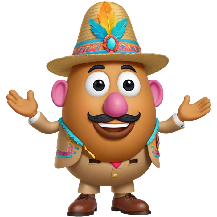 Create a 3D Pixar-style Mr. Potato Head character with a rounded, slightly uneven shape, expressive eyes, a wide smile, and cartoonish limbs, dressed in a colorful suit with intricate embroidery, a vibrant hat adorned with a feather emoji