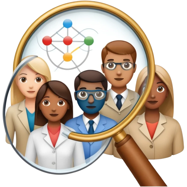 An icon featuring a group of diverse people, a social network diagram, and a magnifying glass, symbolizing sociology. The design includes charts and interconnected lines, representing the study of societies, relationships, and social behavior. Transparent background highlights social analysis. emoji