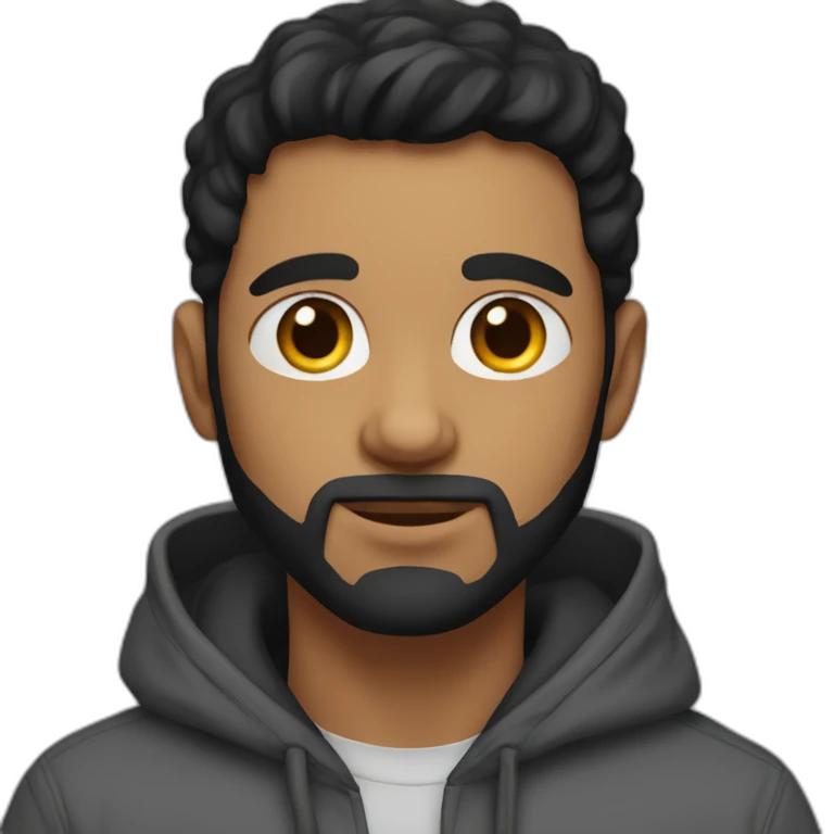 man with short beard hazel eyes and black hair wearing hoodie with cat on lap emoji