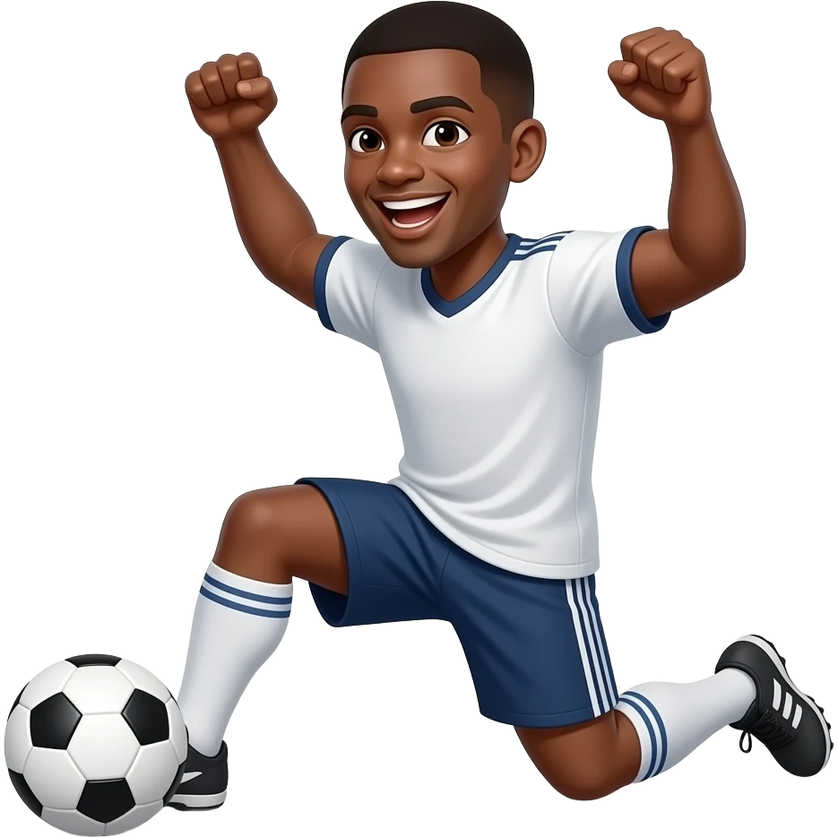 different clothes, soccer knee slide celebration. both knees on the ground, make him dark skinned, no ball emoji