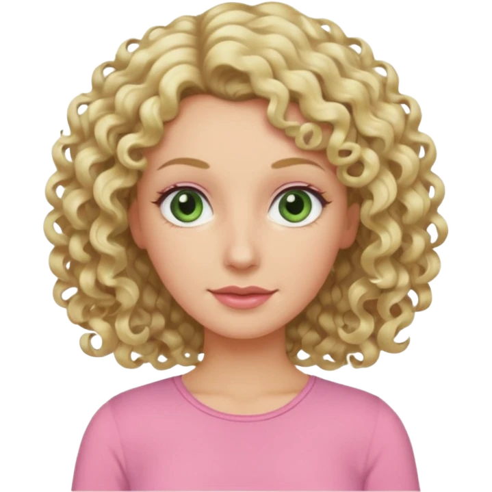 a woman in her late 40s and has greyish greenish eyes and blonde curly hair wearing a pink top emoji