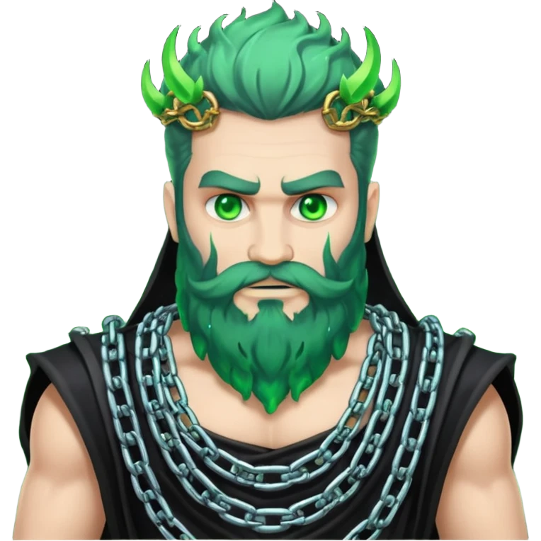 hades greek god with green flames and beard with chains on his arms and neck emoji
