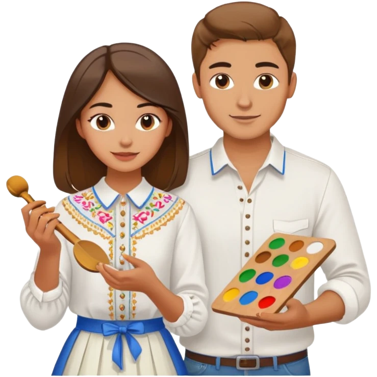a guy in a white Ukrainian embroidered shirt and a girl in a white Ukrainian embroidered shirt, holding music and a paint palette emoji
