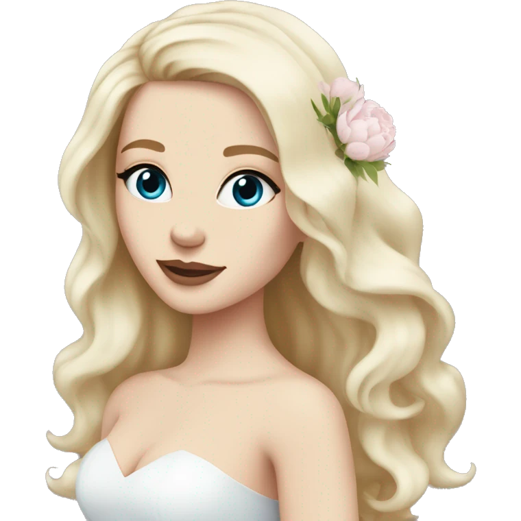 White bride with long light blonde hair and blue eyes with light pink peonies in hair white skin  emoji