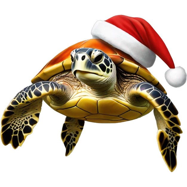 a sea turtle is swimming, smiling, wearing a santa hat, art, realistic art, white background, side view emoji