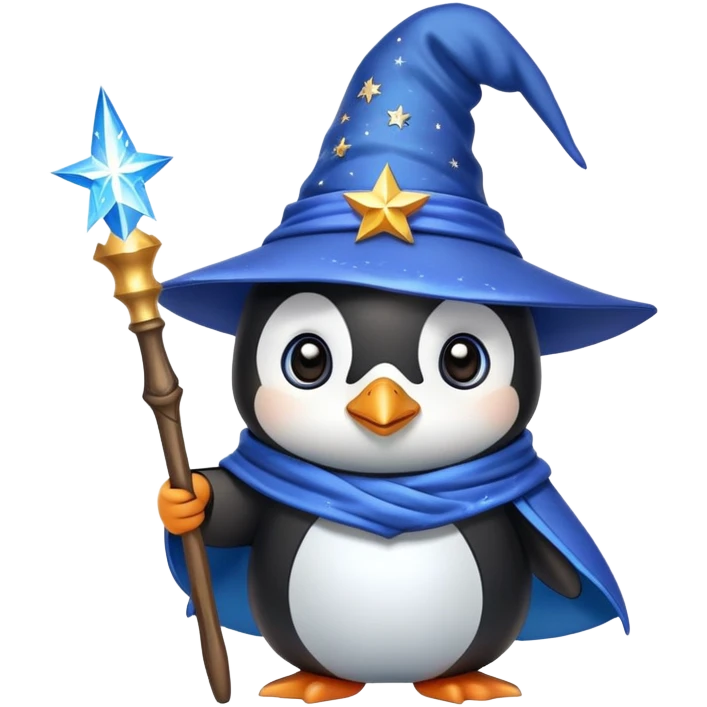 A cute penguin dressed as a wizard with a pointed blue hat with stars, holding a magical wand emoji